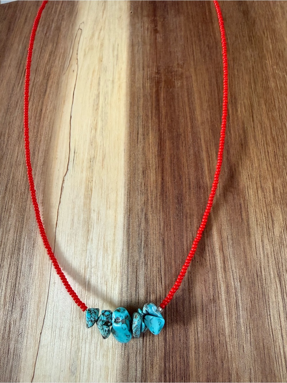 Turquoise Chip Pendant Red Bead Necklace - Unbranded